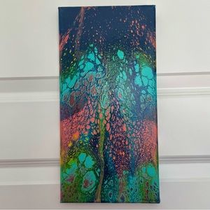 ORIGINAL POUR PAINTING 7”x14” Navy Blue w Cells of Teal Coral Yellow Lime Green